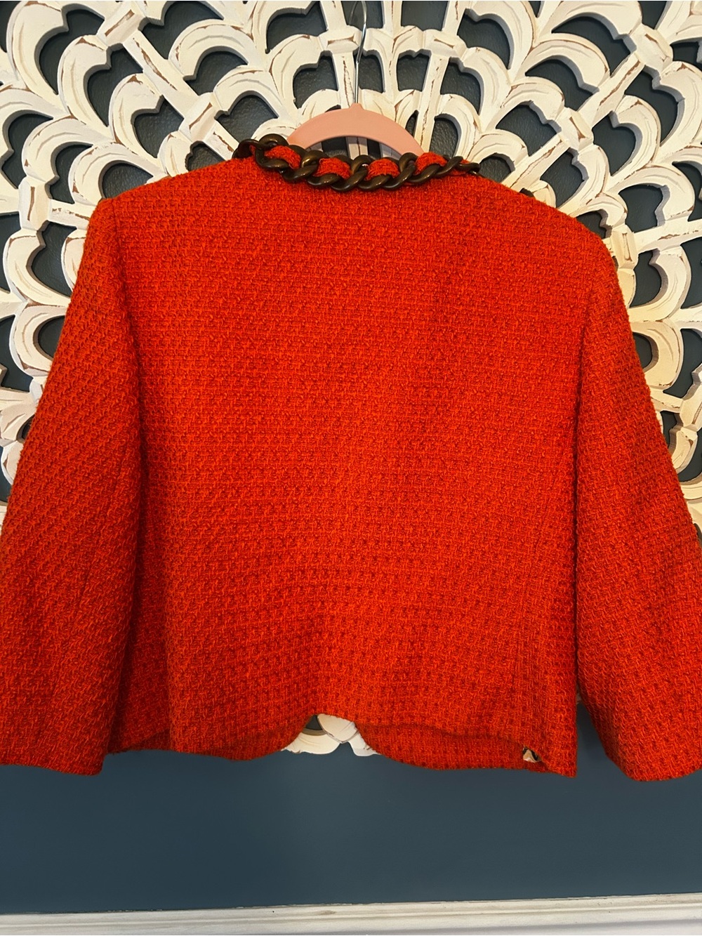 Anthropologie Orange  Tweed Cropped Jacket with Chain Trim - Picture 6 of 6